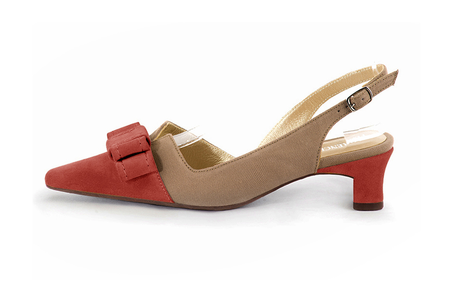 Women's scarlet red and clementine orange elegant slingback heels, with a bow on the front. Tapered toe. Low kitten heels - Profile view